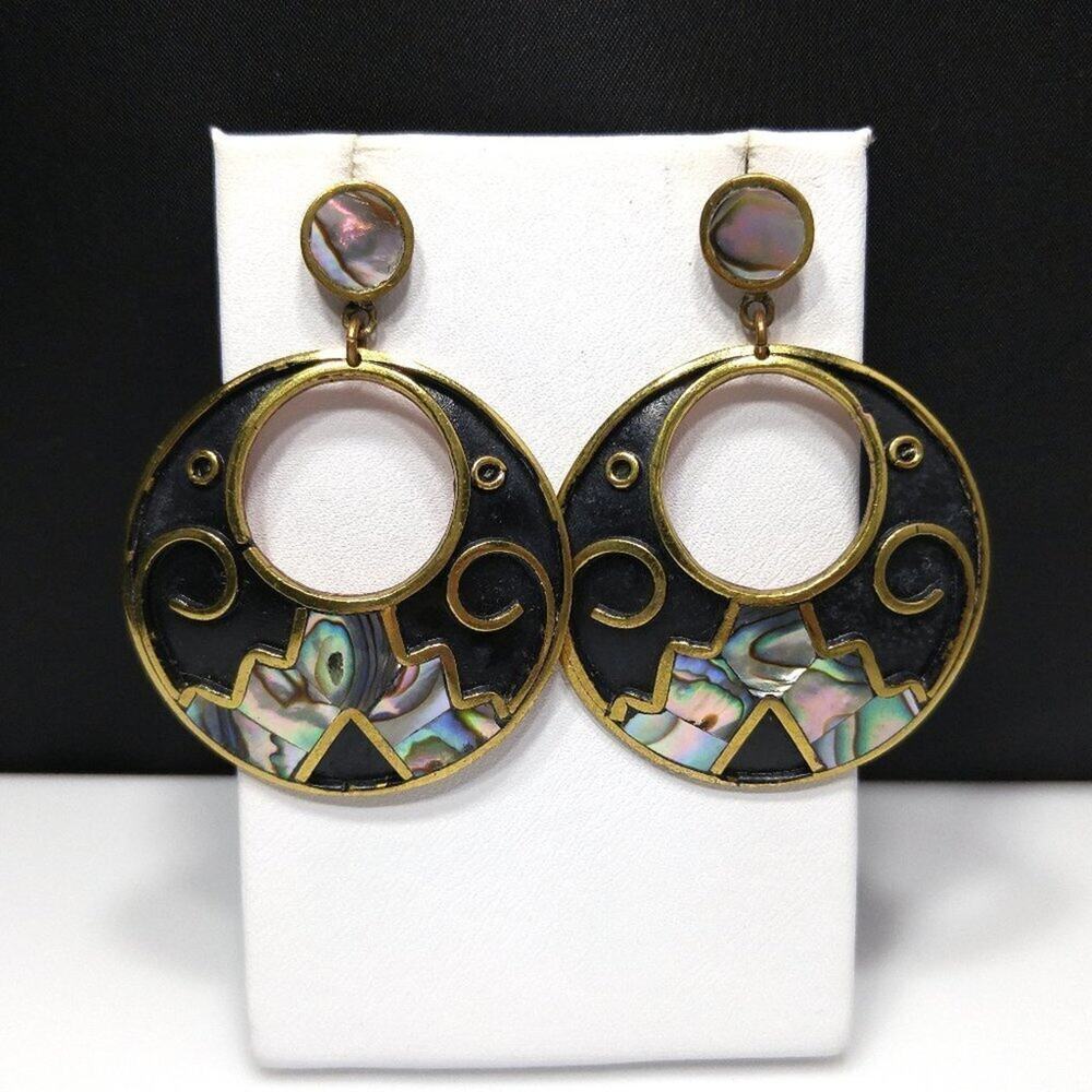 Vintage Mexico Abalone Shell Inlayed Black Enamel Post Earrings, 2 1/4 Inches
